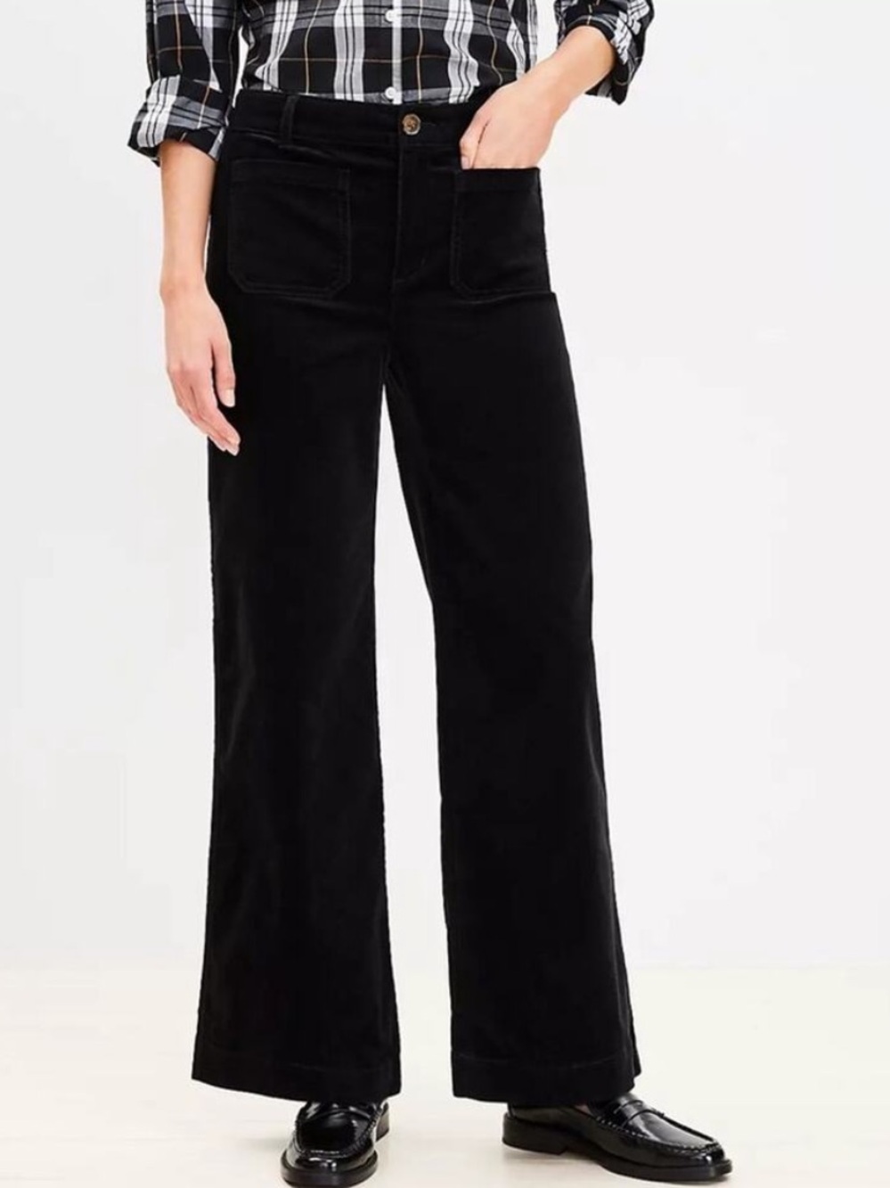 LOFT The Palmer Wide-Leg Corduroy Pants Size 4 Black Patch Pocket Cotton Stretch
